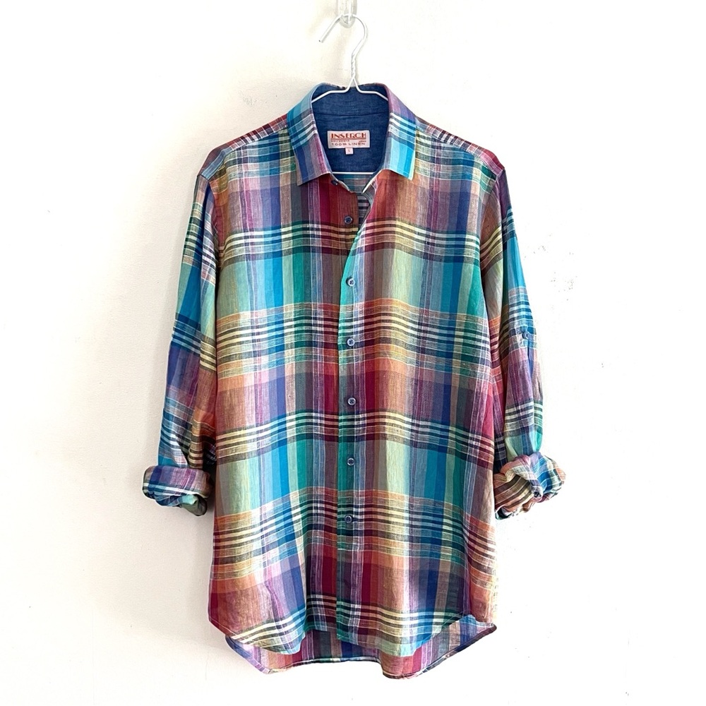 Inserch Long Sleeve Linen Button Front Shirt in Multi-Check Plaid Size Large